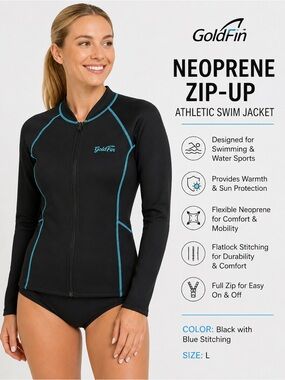 GoldFin Black Neoprene Zip-Up Athletic Swim Jacket Blue Stitching/size L